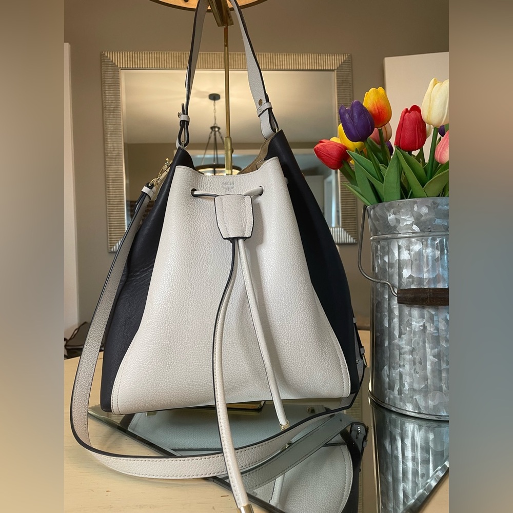 MCM Navy and White Leather Bucket Bag